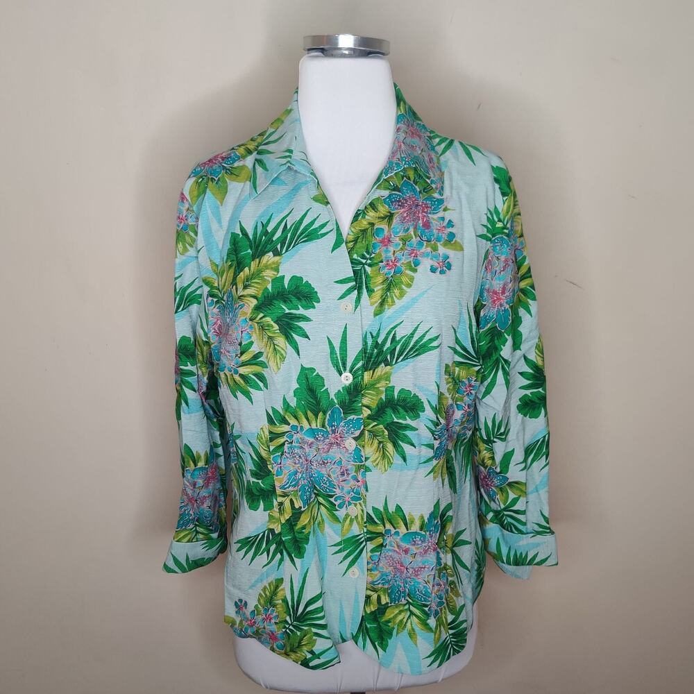 Sag Harbor Silk Shirt Tropical Floral Beaded Button